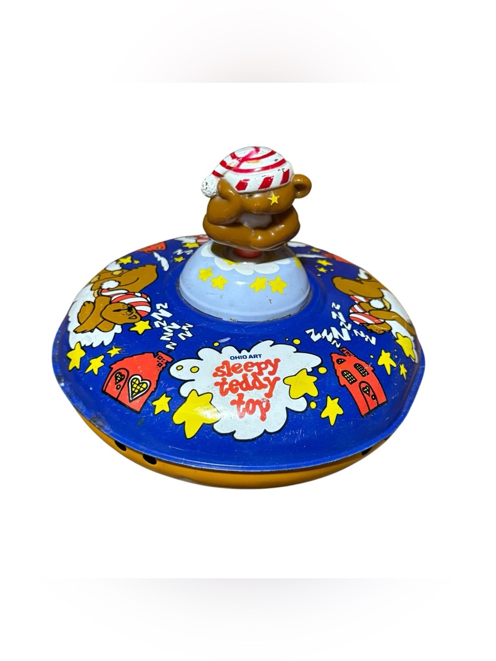 Vintage 70’s Ohio Art Sleepy Teddy Top Tin Litho Sleepy Bear Spinning Top Toy